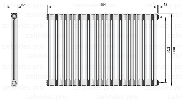 Схема (чертеж) Радиатор Zehnder Charleston 2180/24 №7610 Белый глянцевый RAL 9016